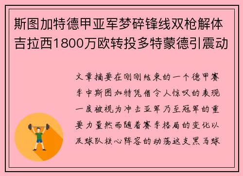 斯图加特德甲亚军梦碎锋线双枪解体吉拉西1800万欧转投多特蒙德引震动
